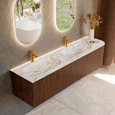 Badmeubel Mondiaz Kurve-Dlux | 175 cm | Meubelkleur Walnut | Wastafelkleur Glace | Solid surface | Dubbele spoelbak | 2 kraangaten
