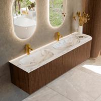 Badmeubel Mondiaz Kurve-Dlux | 175 cm | Meubelkleur Walnut | Wastafelkleur Glace | Solid surface | Dubbele spoelbak | 2 kraangaten