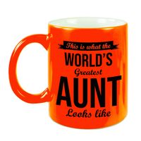 Worlds Greatest Aunt / tante cadeau mok / beker neon oranje 330 ml - feest mokken