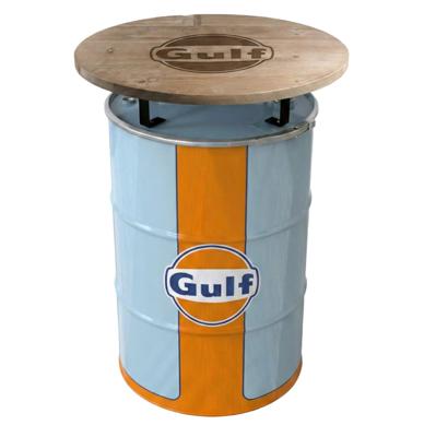 Gulf Oil Barrel Tafel - Metalen Vat met Houten Blad (Ø80 cm)