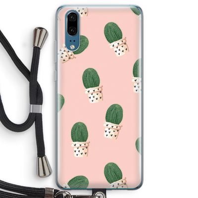 Cactusprint roze: Huawei P20 Transparant Hoesje met koord