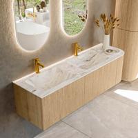 Mondiaz KURVE-DLUX 155 cm Onderkast Greeploos 2 Lades Met Deuren Oak, Wastafel Solid Surface Links Glace 2 Kraangaten Zonder Spiegel (KRVLEA155R2L1D2KD-Oak/Gla)