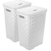 Wasmand met deksel Rotan - 2x - wit - gevlochten kunststof - 60 liter - 34 x 43 x 62 cm