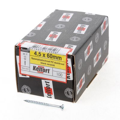 Kelfort Spaanplaatschroef platverzonken kop verzinkt pozidriv deeldraad 4.5 x 60mm Kelfort Spaanplaatschroef platverzonken kop verzinkt pozidriv deeldraad 4.5 x 60mm