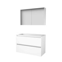Basic-Line Comfort 46 Badkamermeubelset - 100 x 46 cm - Greeploos - 2 Lades - Acryl Wastafel - Zonder Kraangat - Spiegelkast - Ice White