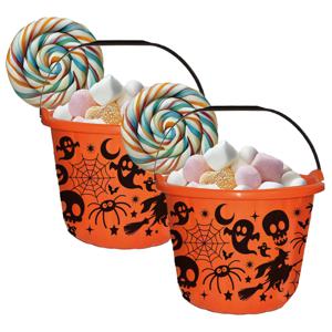 Trick or treat snoep emmertje - 2x - horror thema - oranje - 18 x 16 cm - Halloween snoepjes ophalen