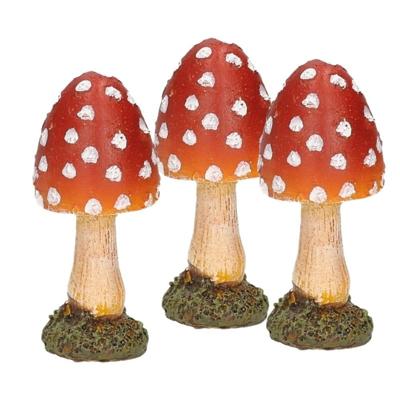 Paddenstoel/vliegenzwam decoratie beeldje - 3x - polystone - voor binnen/buiten - 4 x 4 x 8 cm