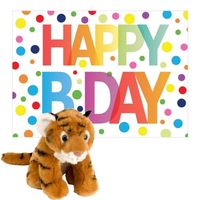 Pluche dieren knuffel tijger 20 cm met Happy Birthday wenskaart - Knuffeldier - thumbnail