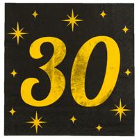 Verjaardag feest servetten - leeftijd 30 jaar - 16x stuks - zwart/goud - sterren - 33 x 33 cm