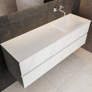 Badkamermeubel BWS Valencia Carrara Mat 150 cm Solid Surface Wastafel Rechthoekige Wasbak Rechts (0 kraangaten, 4 lades)