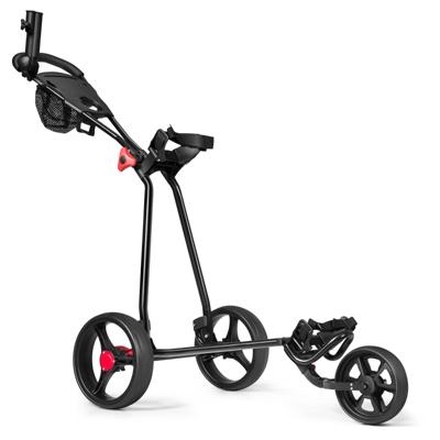 3-Wiel Golfkar Opvouwbare Lichtgewicht Ijzeren Golfkar met Verstelbaar TPR-Handvat Metalen Golf Duwkar Zwart