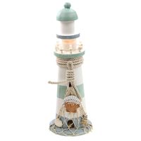 Vuurtoren beeldje met LED licht - Hout - 30 cm - wit/mintgroen - Maritieme woon decoraties