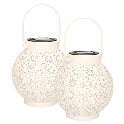 Solar lantaarn - 2x - voor buiten - D15 x H16 cm - wit - metaal - tafellamp
