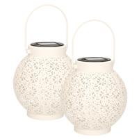 Solar lantaarn - 2x - voor buiten - D15 x H16 cm - wit - metaal - tafellamp