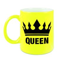 Cadeau Queen mok/ beker fluor neon geel met zwarte bedrukking 300 ml - feest mokken - thumbnail