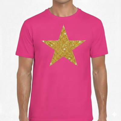 Verkleed T shirt voor heren - roze - Glitter and Glamour Ster - glitter goud - Bling Bling