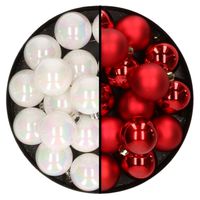 32x stuks kunststof kerstballen mix van parelmoer wit en rood 4 cm   - - thumbnail