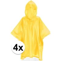 Kinder regen poncho - 4x - pvc - geel - in zakje - vanaf 4 jaar - noodponcho met capuchon