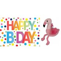 Pluche knuffel flamingo 15 cm met A5-size Happy Birthday wenskaart - Vogel knuffels