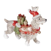 Clayre & Eef Beeld Hond 9x3x8 cm Wit Rood Polyresin Kerstdecoratie Wit Kerstdecoratie - thumbnail