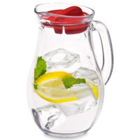 Waterkan/sapkan met schenkdop - 1 liter - glas - transparant/rood - 20 cm