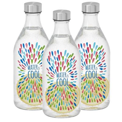 Vivalto Waterfles / drinkfles Summer - 6x - glas - transparant - met RVS dop - 1000 ml