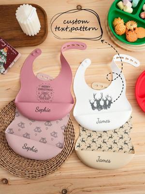 1pc Print On Demand Name Pattern Baby Silicone Bib Custom Baby Tableware Baby Adjustable Bibs Personalized Customization Baby Gifts Multicolor_2 / Light Blue + Dark Blue