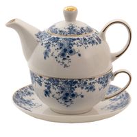 Clayre & Eef Tea for One 400 ml Blauw Porselein Bloemen Theepot set Blauw Theepot set - thumbnail