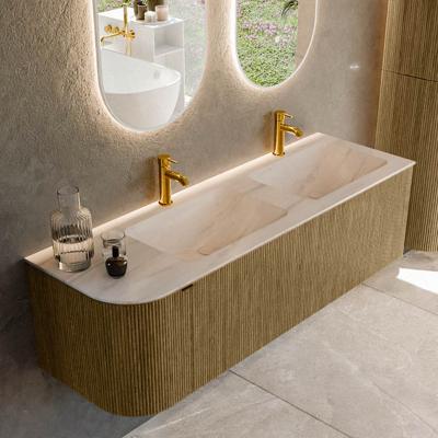 Badmeubel Mondiaz Kurve-Dlux | 145 cm | Meubelkleur Dusk | Wastafelkleur Meli | Solid surface | Dubbel / Rechts spoelbak | 2 kraangaten