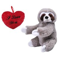 Valentijn Love cadeau set - Knuffel Luiaard met rood Love you hartje 10 cm - thumbnail