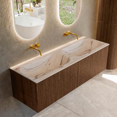 Badmeubel Mondiaz Kurve-Dlux | 140 cm | Meubelkleur Walnut | Wastafelkleur Nata | Solid surface | Wasbak beide zijden spoelbak | Zonder kraangat(en)