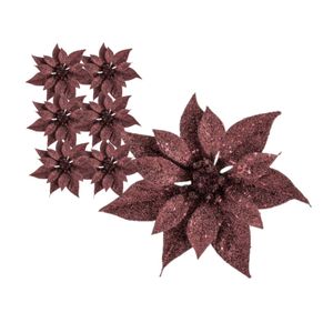 6x stuks decoratie bloemen kerstster donkerrood glitter op clip 18 cm