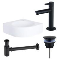 QeramiQ Fuente fonteinset - 30x30x10cm - 1 kraangat - hoek - keramiek - fonteinkraan zwart mat - glans wit SW696235/SW696205/SW696215/SW679885