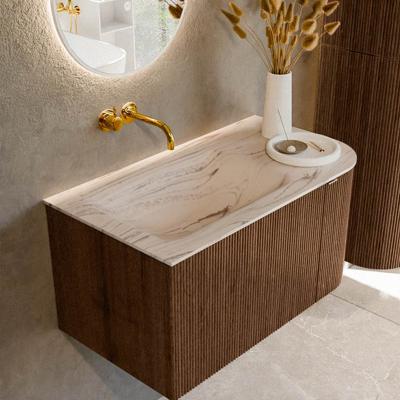 Badmeubel Mondiaz Kurve-Dlux | 85 cm | Meubelkleur Walnut | Wastafelkleur Nata | Solid surface | Wasbak linker zijde spoelbak | Zonder kraangat(en)