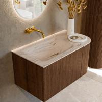 Badmeubel Mondiaz Kurve-Dlux | 85 cm | Meubelkleur Walnut | Wastafelkleur Nata | Solid surface | Wasbak linker zijde spoelbak | Zonder kraangat(en)
