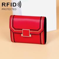 KB190 cover type snap knop koeienhuid lederen orgel vorm meerdere kaartsleuven anti-magnetische RFID portemonnee voor dames (rood)