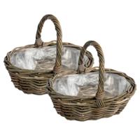 Mand met hengsel - 2x - bruin - 36 x 28 x 14 cm - rotan - gevlochten riet - hengselmand Mand met hengsel - 2x - bruin - 36 x 28 x 14 cm - rotan - gevlochten riet - hengselmand