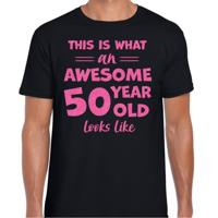 Cadeau T-shirt voor heren - leeftijd 50 jaar - awesome - zwart - glitter roze - Abraham Cadeau T-shirt voor heren - leeftijd 50 jaar - awesome - zwart - glitter roze - Abraham