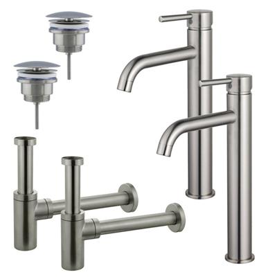 Fortifura Calvi Wastafelkraanset - voor dubbele wastafel - verhoogde wastafelkraan - always open plug - design sifon - Geborsteld RVS PVD (RVS) 2x SW377857/2x SW696207/2x SW696212