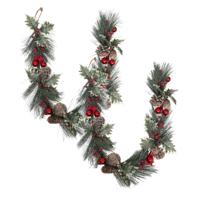 Dennenslinger/dennen guirlande - 2x - met kerstversiering - rood - 100 x 7,5 cm - kunststof