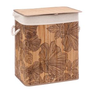 Wasmand met deksel - bamboe hout - 60 Liter- naturel wit - 43 x 31 x 50 cm - Flora print