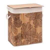 Wasmand met deksel - bamboe hout - 60 Liter- naturel wit - 43 x 31 x 50 cm - Flora print