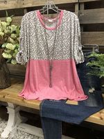 Leopard Half Sleeve Printed Cotton-blend Crew Neck Casual Summer Pink Top