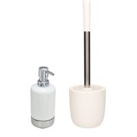 WC-/toiletborstel en houder dolomiet wit met zeeppompje 300 ml - Badkameraccessoireset - thumbnail