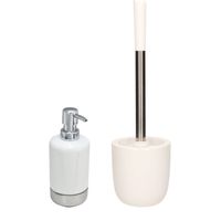 WC-/toiletborstel en houder dolomiet wit met zeeppompje 300 ml - Badkameraccessoireset