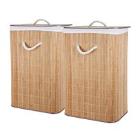 Wasmand - 2x - bamboe hout - met deksel - rechthoekig - naturel - 40 x 30 x 60 cm - 70 liter