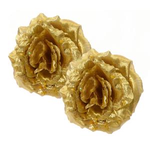 Decoratie roos - 2x - op clip - goud - 14 cm - kunststof - kerstbloemen - kerstboomversiering