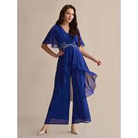 chiffon bruiloftsgast pailletten geborduurde jumpsuit met flare manchetten en v-hals - thumbnail