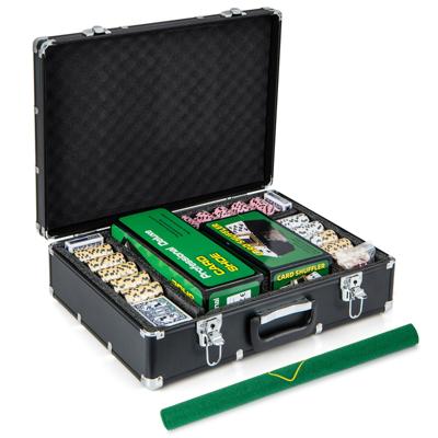 Texas Hold'em Pokerset 600 Chips Pokerkoffer met 6 Kaartdecks 5 Dobbelstenen Dealerknop Mat Kaartenschudder en Kaarthouder