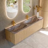 Badmeubel Mondiaz Kurve-Dlux | 165 cm | Meubelkleur Oak | Wastafelkleur Oza | Solid surface | Dubbel / Links spoelbak | 2 kraangaten
